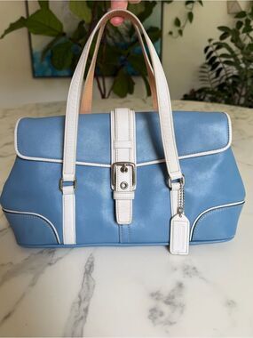 Coach Vintage Y2K Hamptons Leather Satchel Pool Blue White Shoulder Bag  9267